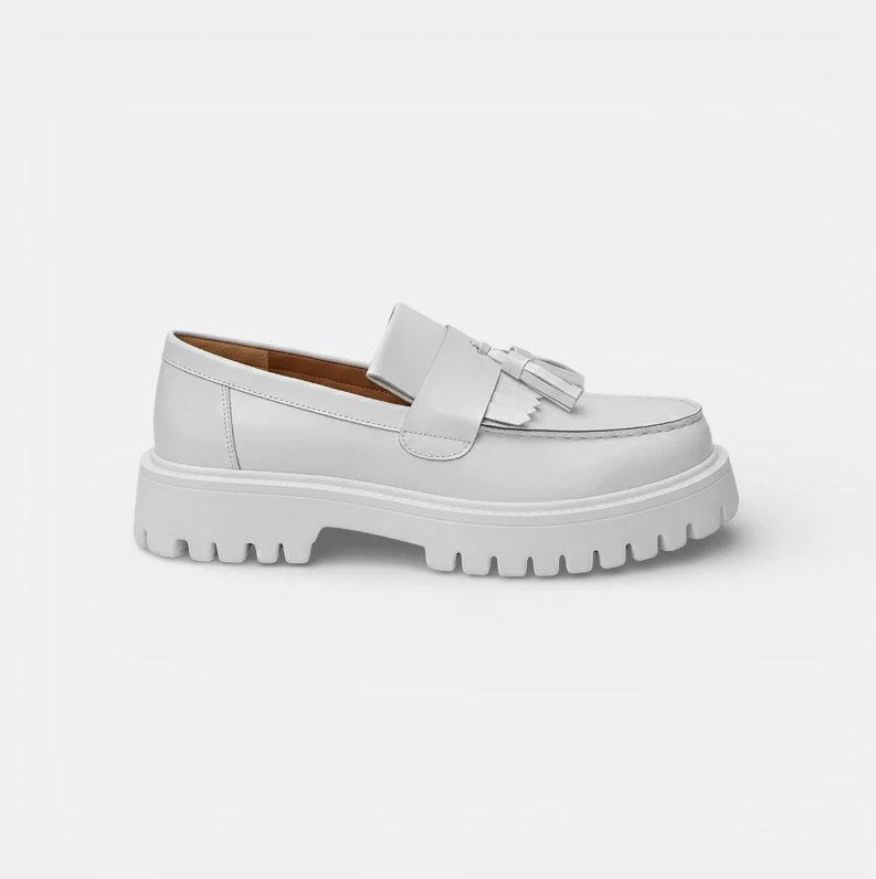 Men's White Genuine Leather Wedge-Sole Moccasins