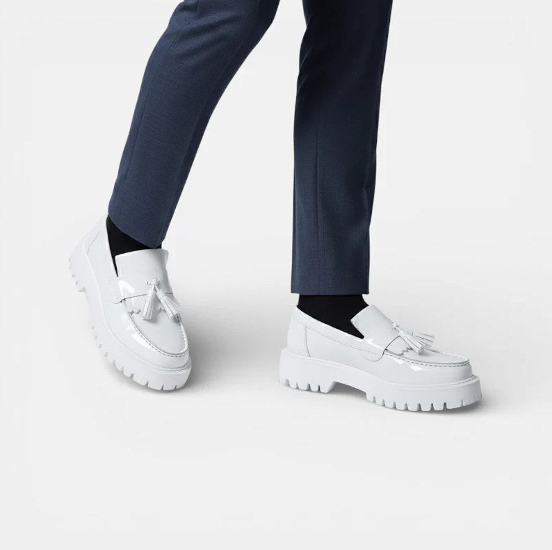 Men's White Genuine Leather Wedge-Sole Moccasins
