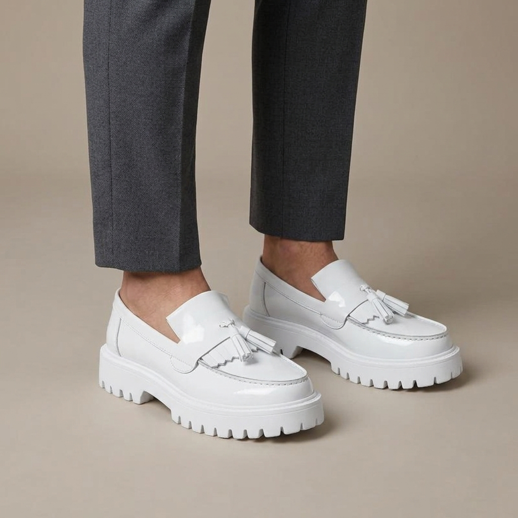 Men's White Genuine Leather Wedge-Sole Moccasins