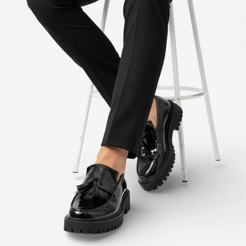 Men's Black Patent Leather Wedge-Sole Loafers