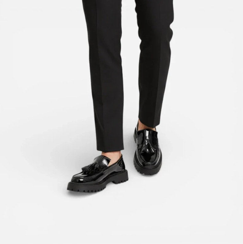 Men's Black Patent Leather Wedge-Sole Loafers