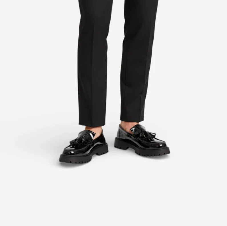 Men's Black Patent Leather Wedge-Sole Loafers