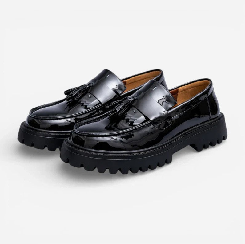 Men's Black Patent Leather Wedge-Sole Loafers