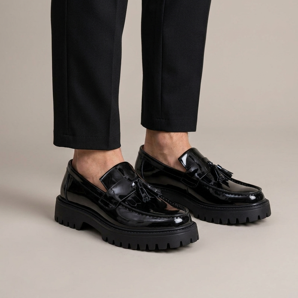 Men's Black Patent Leather Wedge-Sole Loafers