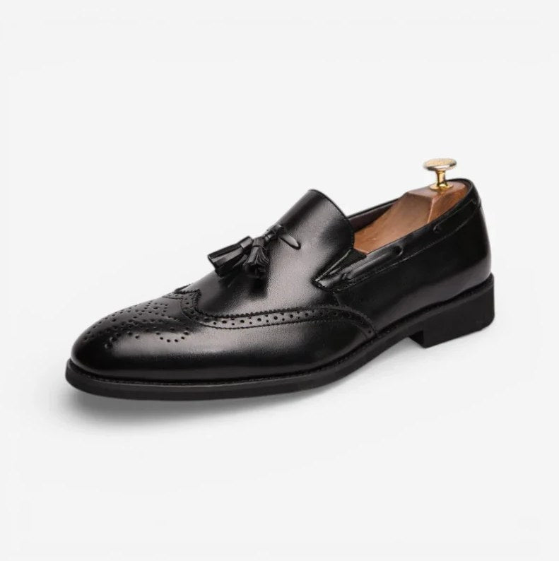 Men's Black Patent Leather Heeled Tassel Loafers