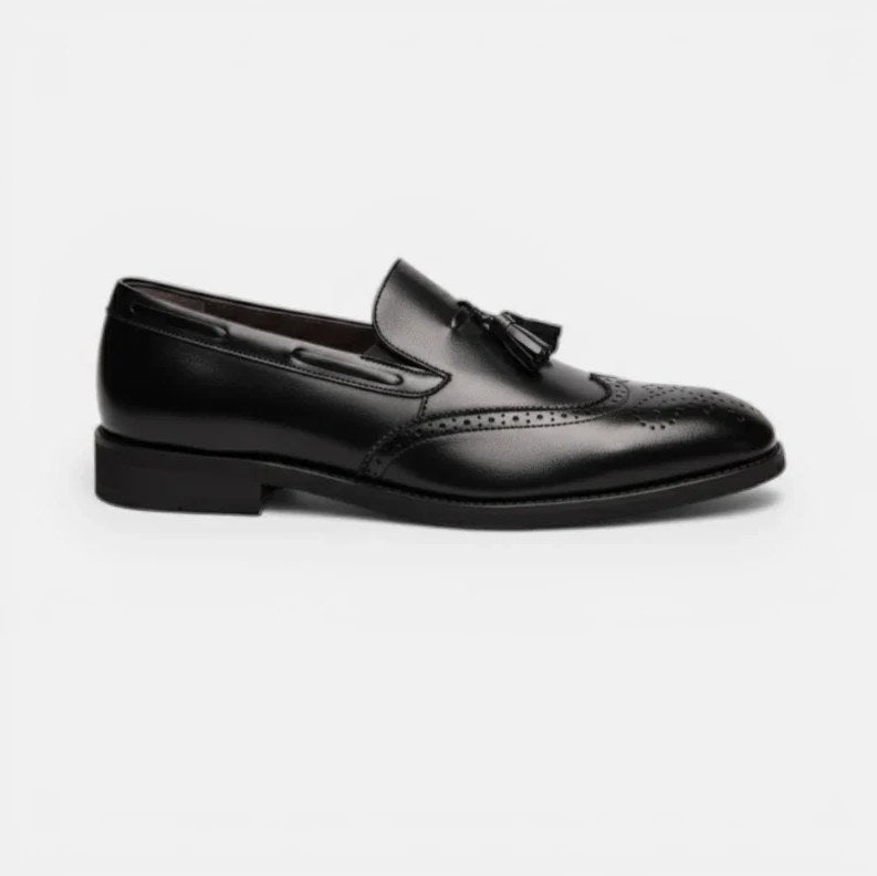 Men's Black Patent Leather Heeled Tassel Loafers