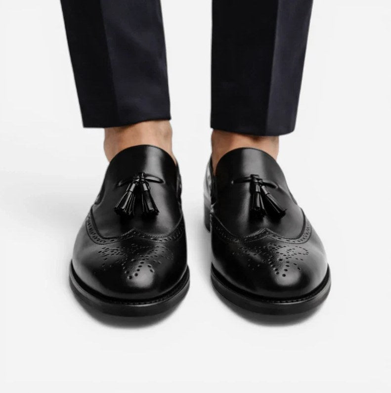 Men's Black Patent Leather Heeled Tassel Loafers