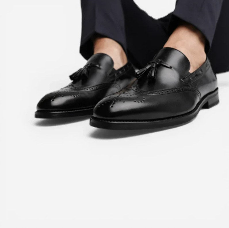 Men's Black Patent Leather Heeled Tassel Loafers