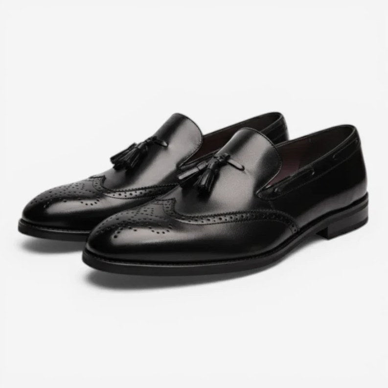 Men's Black Patent Leather Heeled Tassel Loafers