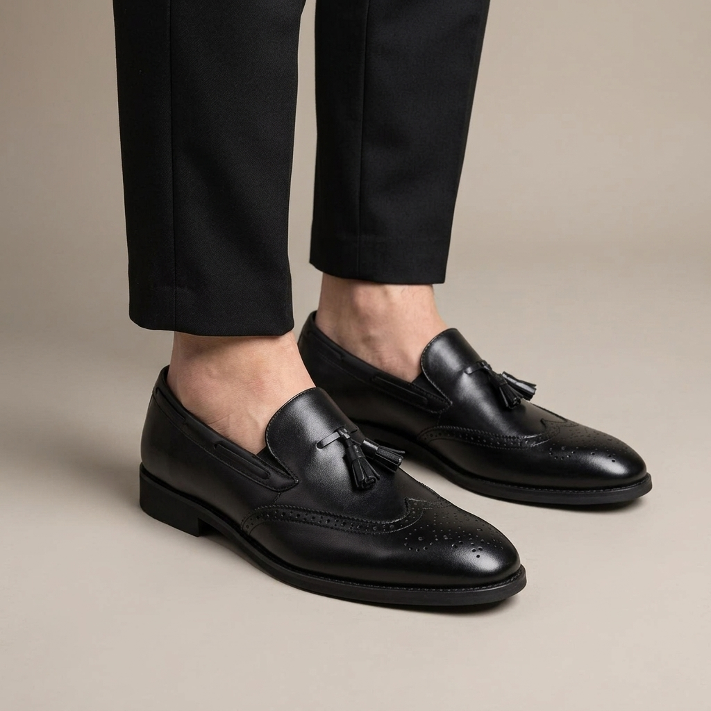 Men's Black Patent Leather Heeled Tassel Loafers