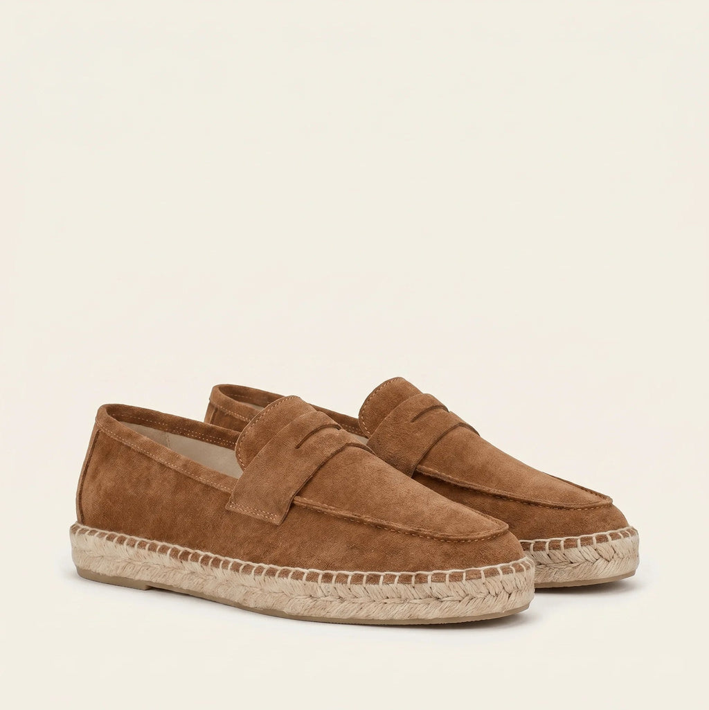 Men's Brown Suede Penny Loafers with Braided Jute Trim