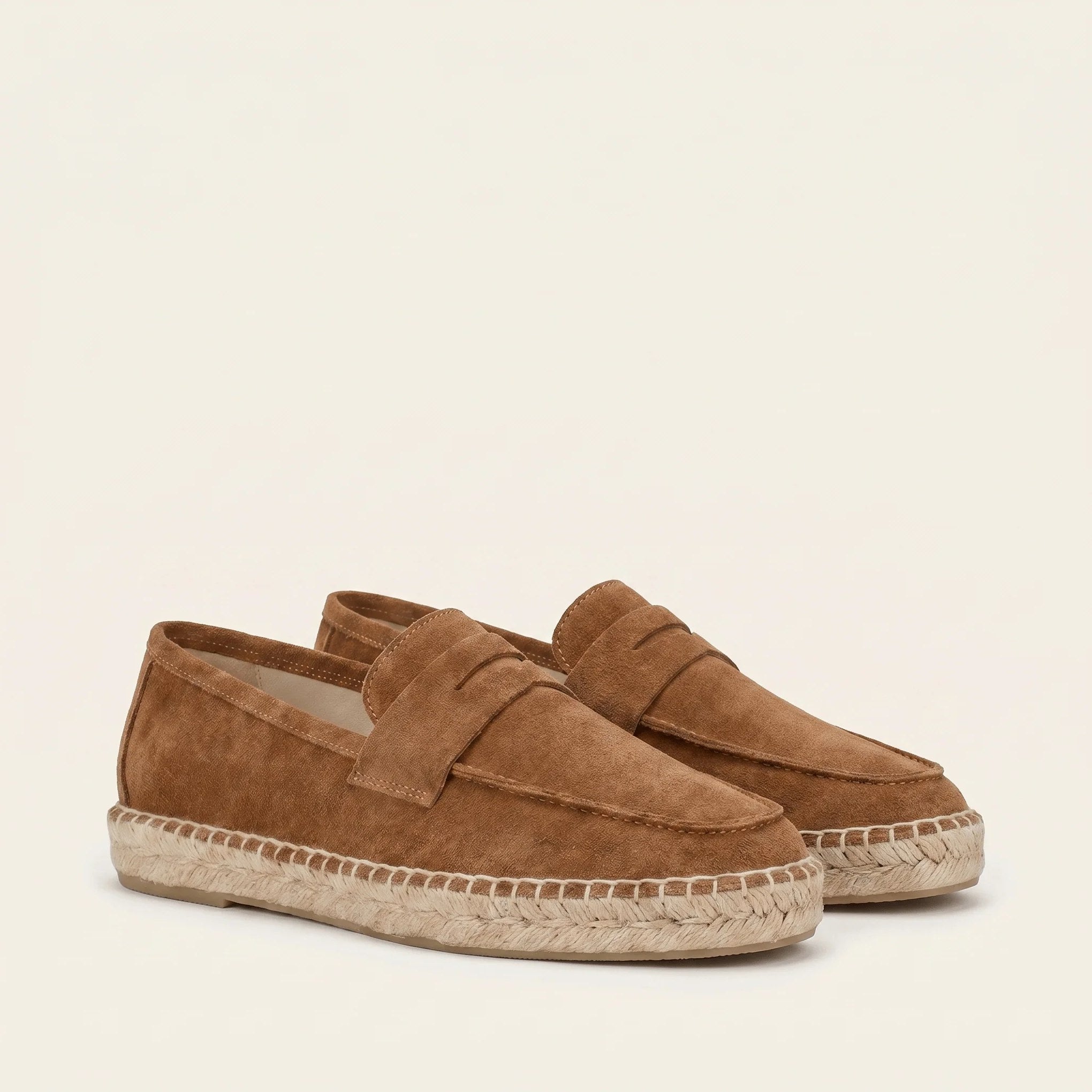Men's Brown Suede Penny Loafers with Braided Jute Trim