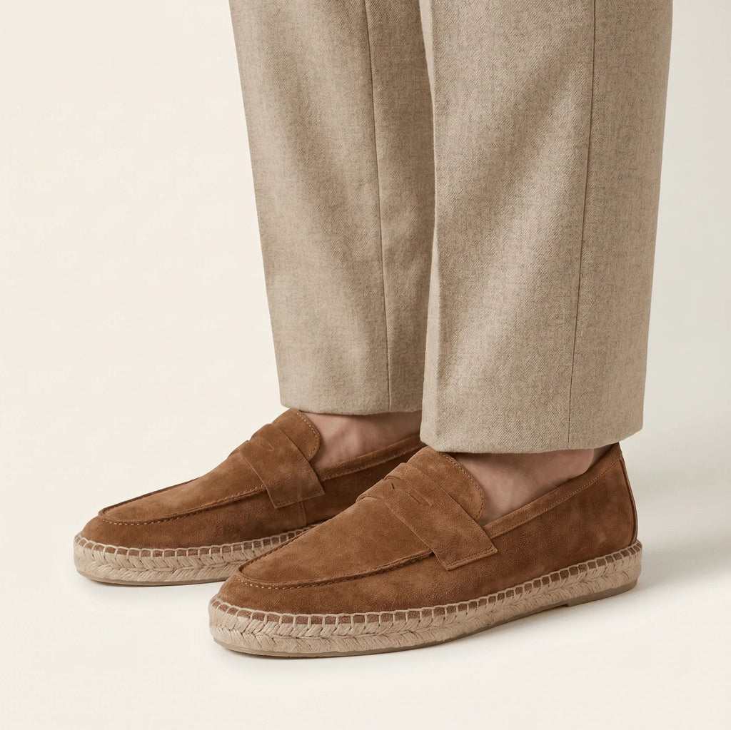 Men's Brown Suede Penny Loafers with Braided Jute Trim