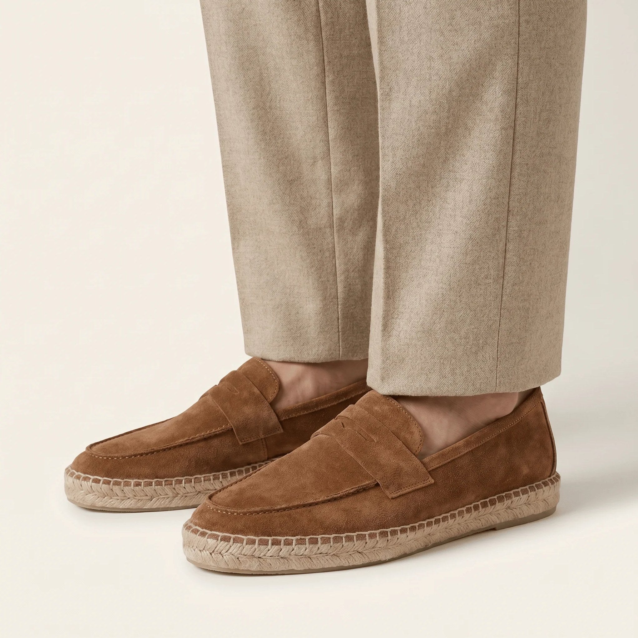 Men's Brown Suede Penny Loafers with Braided Jute Trim