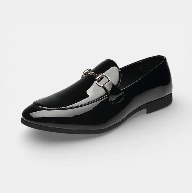 Men's Black Patent Leather Buckle Loafers
