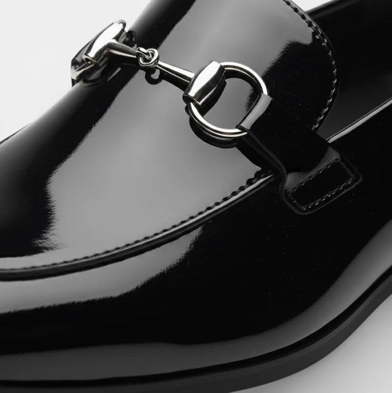 Men's Black Patent Leather Buckle Loafers