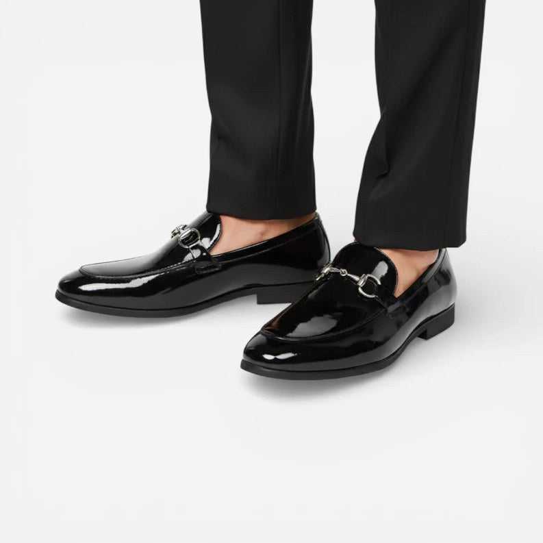 Men's Black Patent Leather Buckle Loafers