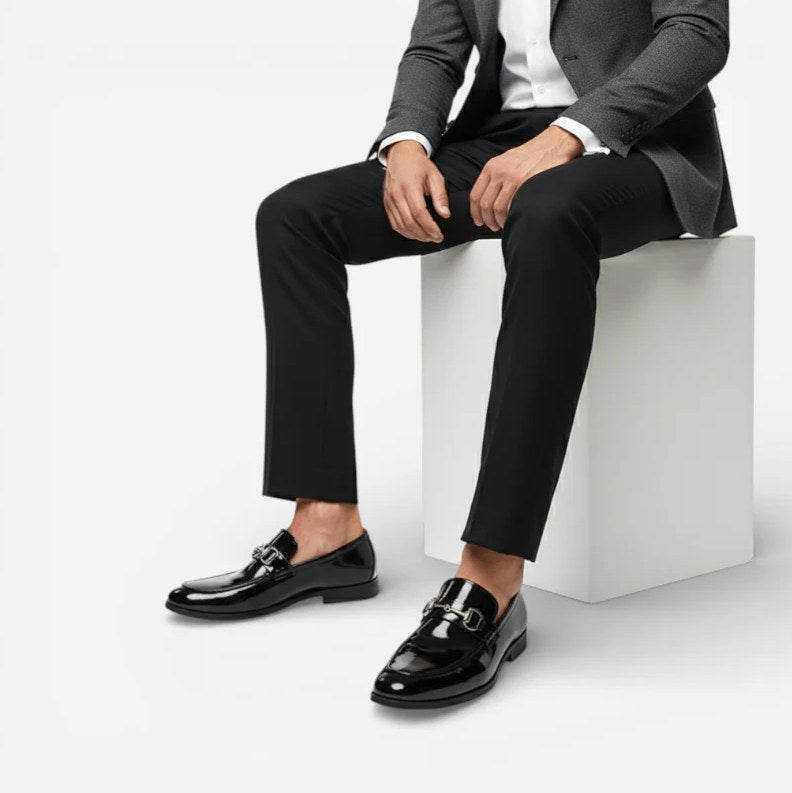Men's Black Patent Leather Buckle Loafers