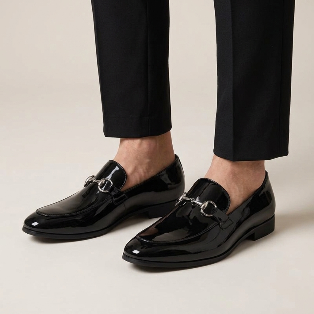 Men's Black Patent Leather Buckle Loafers