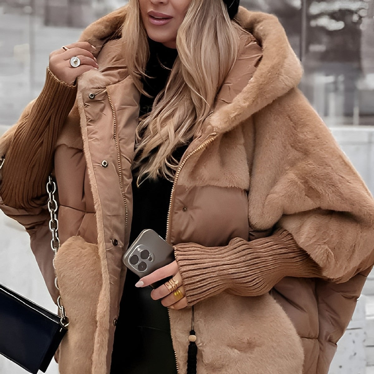 Women's Winter Puffer Jacket, Faux-Fur Panels and Hood