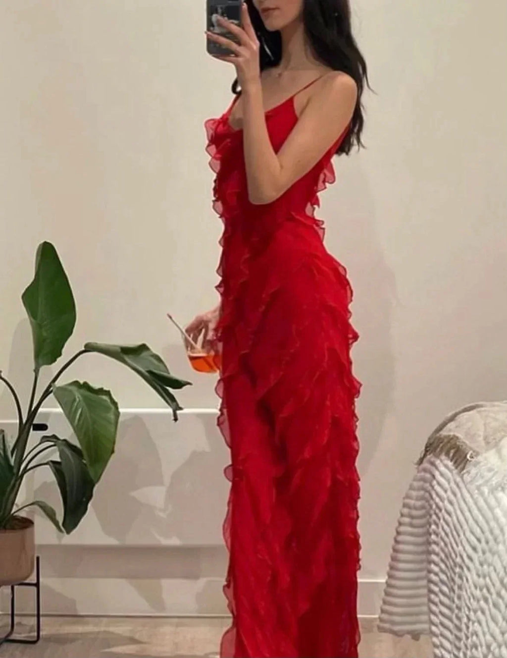 Vestido largo elegante de corte sirena con volantes para mujer