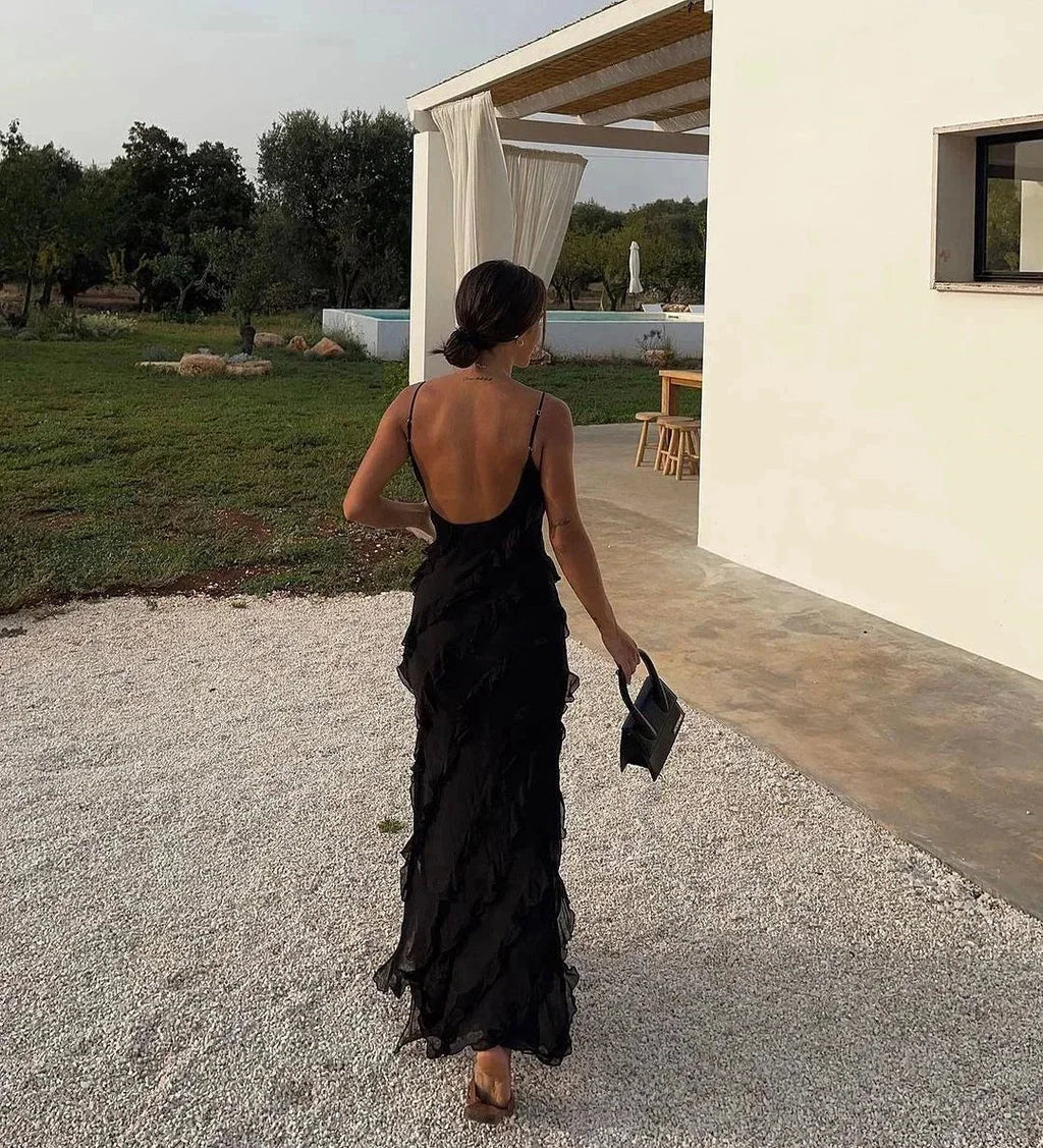 Vestido largo elegante de corte sirena con volantes para mujer