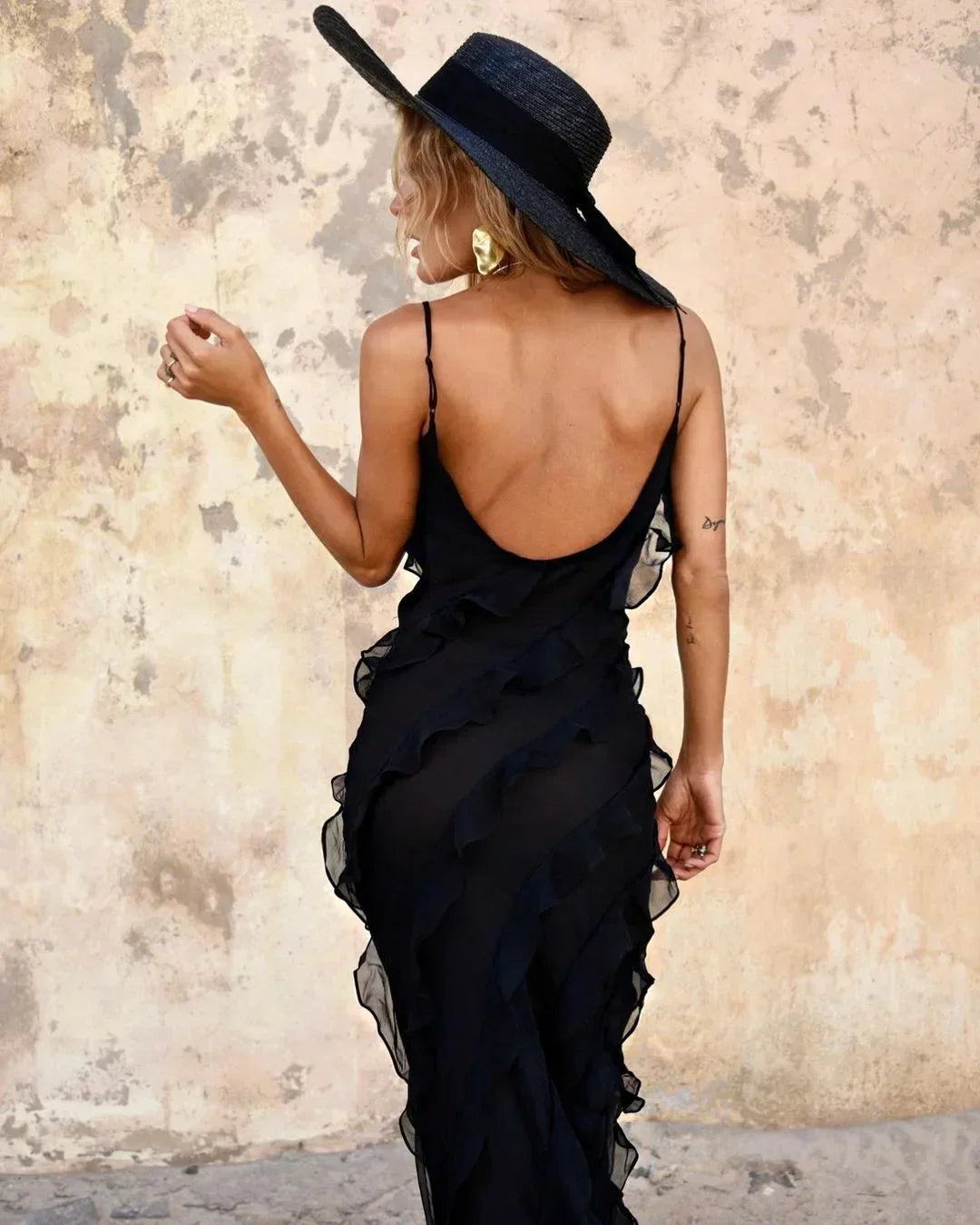 Vestido largo elegante de corte sirena con volantes para mujer