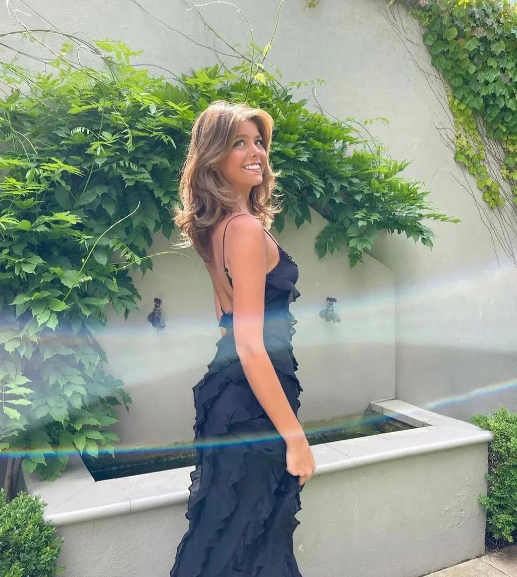 Vestido largo elegante de corte sirena con volantes para mujer
