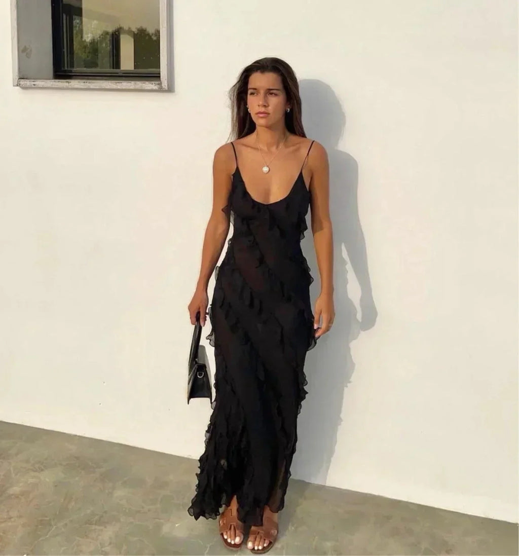Vestido largo elegante de corte sirena con volantes para mujer