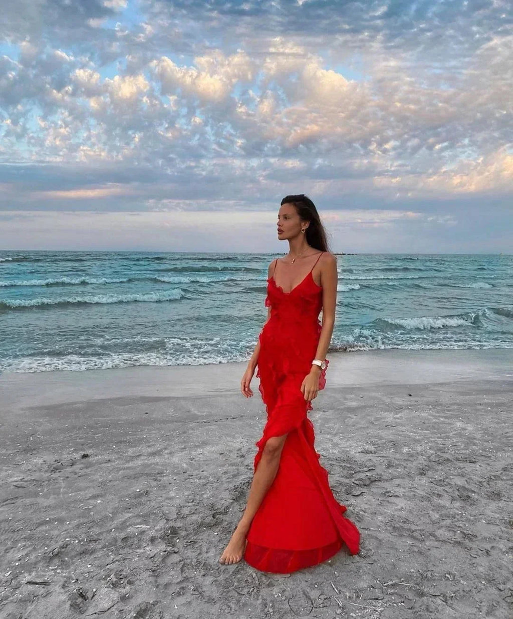 Vestido largo elegante de corte sirena con volantes para mujer