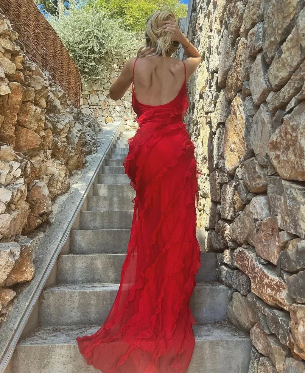 Vestido largo elegante de corte sirena con volantes para mujer