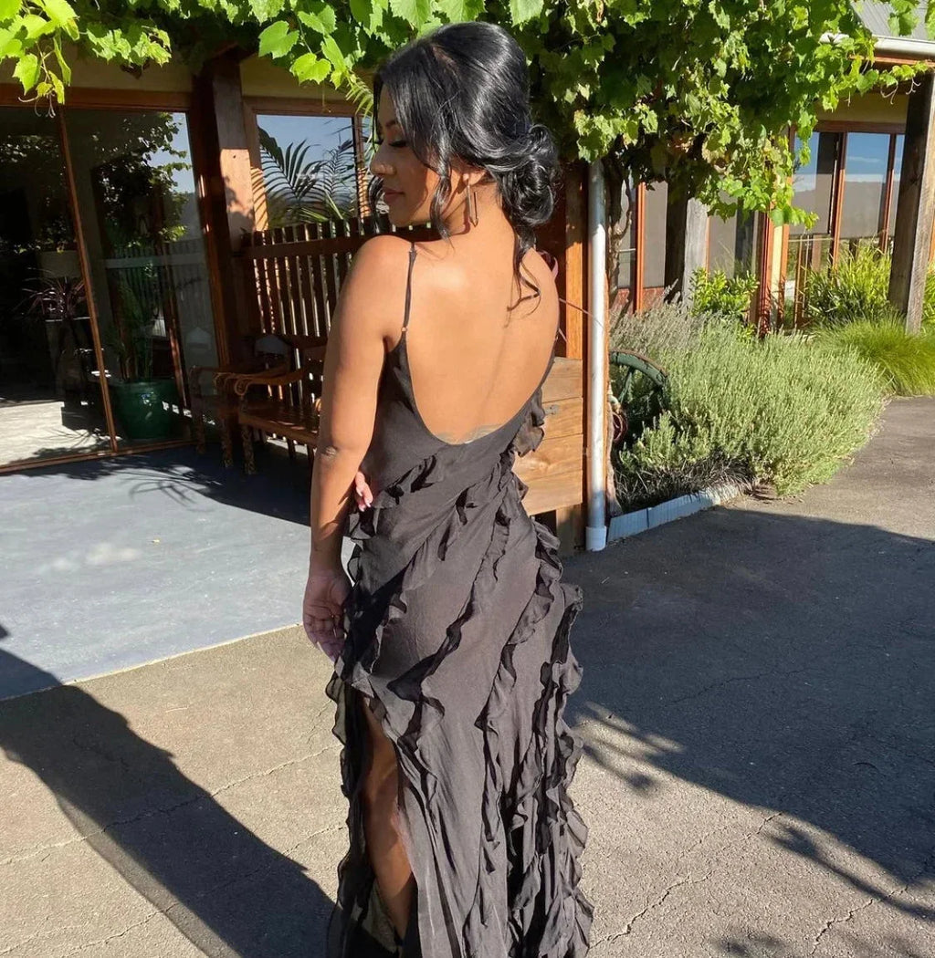 Vestido largo elegante de corte sirena con volantes para mujer