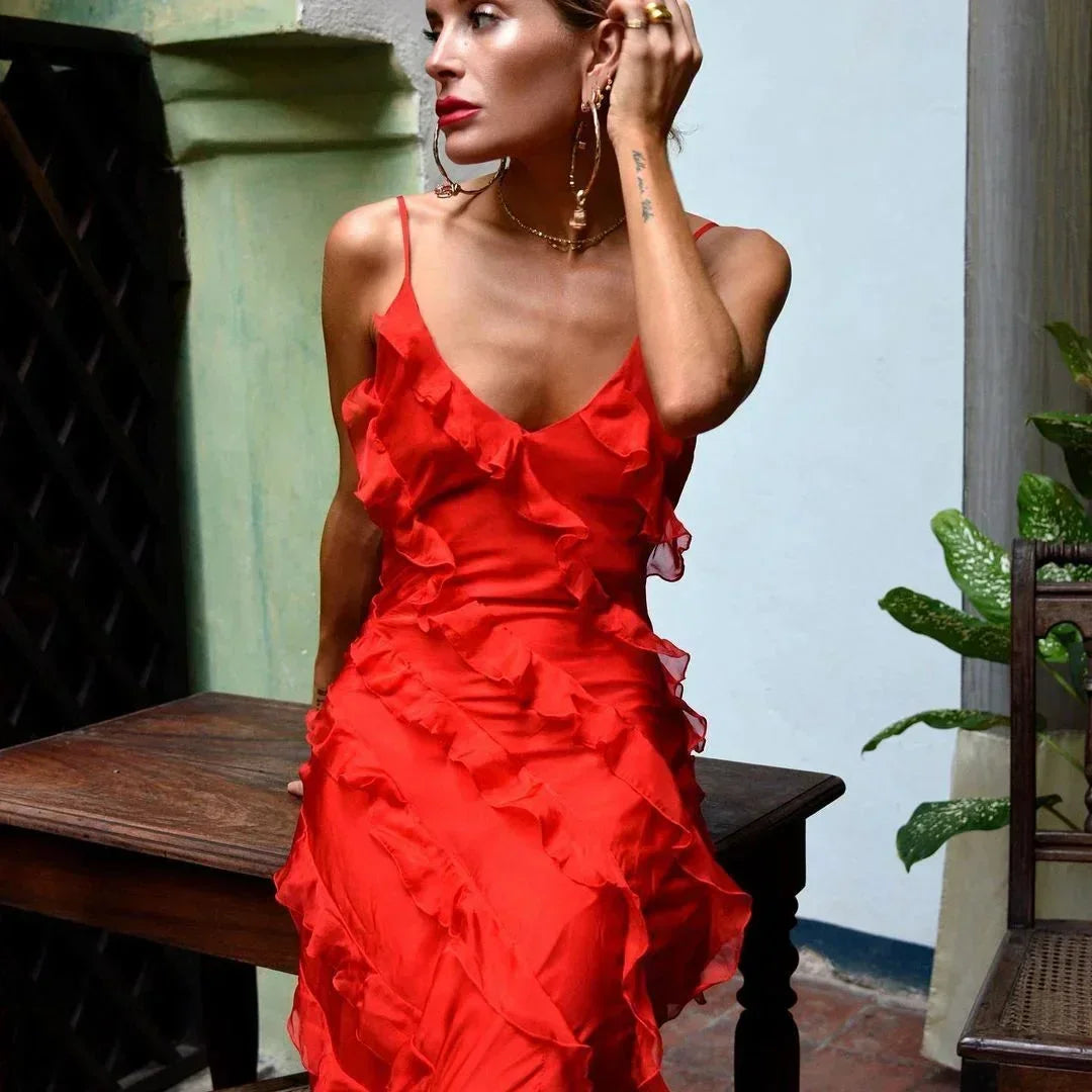 Vestido largo elegante de corte sirena con volantes para mujer
