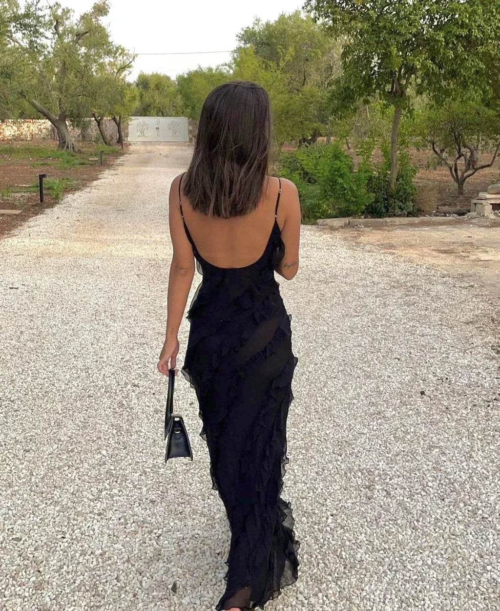 Vestido largo elegante de corte sirena con volantes para mujer