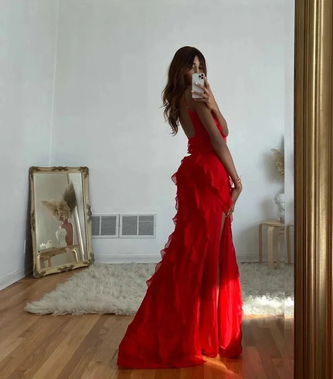 Vestido largo elegante de corte sirena con volantes para mujer