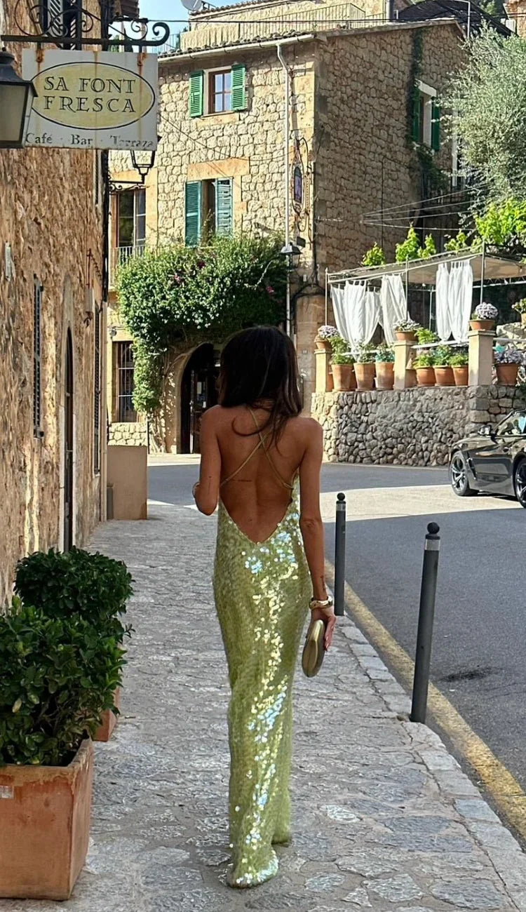 Abito lungo verde con paillettes da donna per la sera