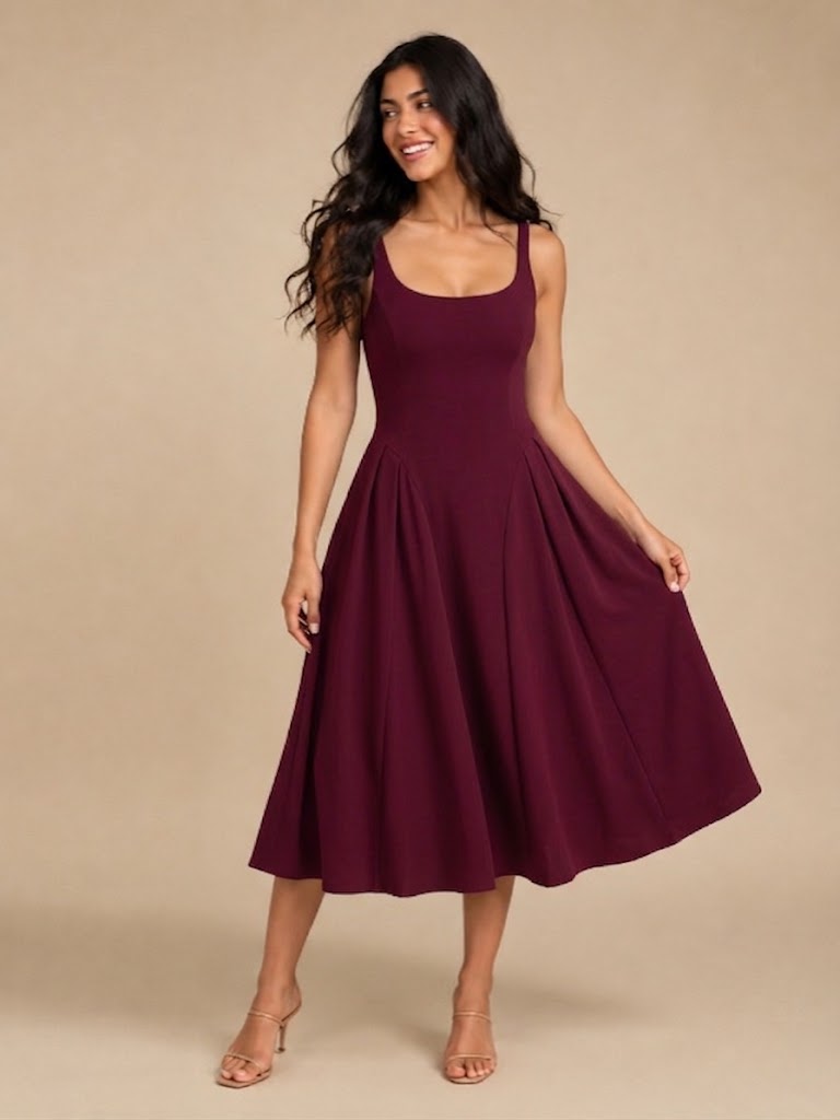 Women's Square-Neck Midi Dress with Flared Skirt