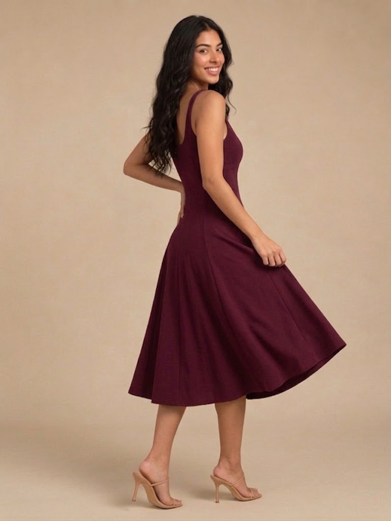 Women's Square-Neck Midi Dress with Flared Skirt