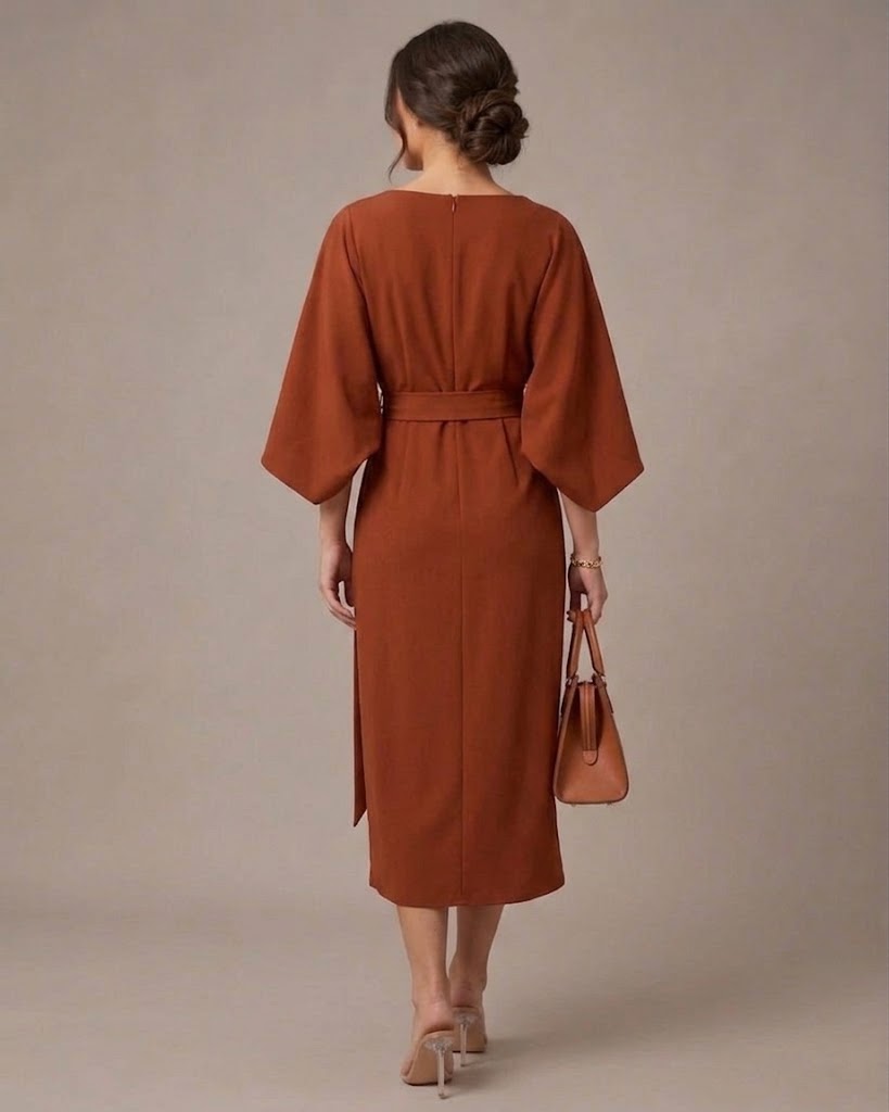 Women's Fitted Maxi Dress with Lace-Up Waist and Three-Quarter Sleeves
