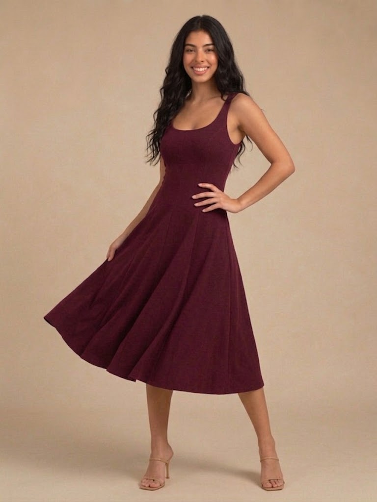 Women's Square-Neck Midi Dress with Flared Skirt
