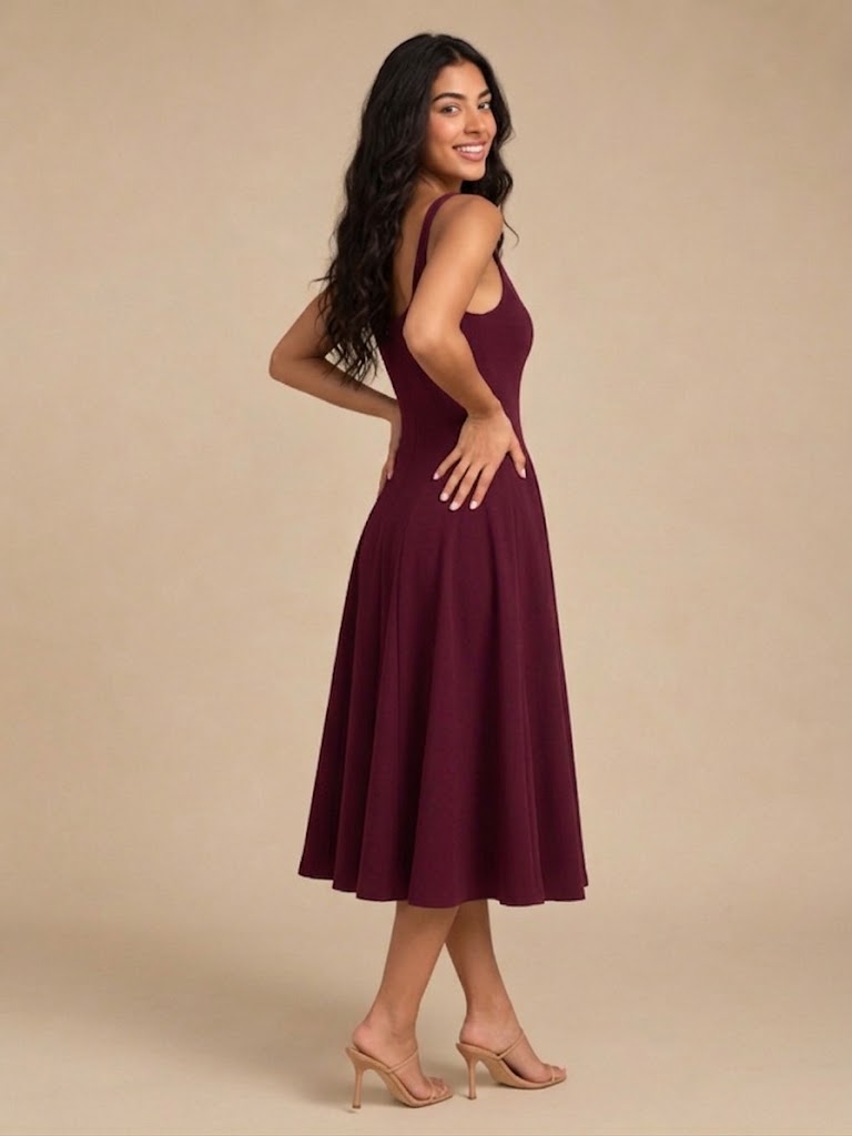 Women's Square-Neck Midi Dress with Flared Skirt
