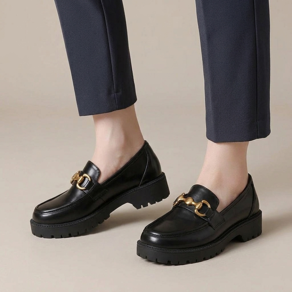 Women's Black Loafers with Thick Sole and Chain