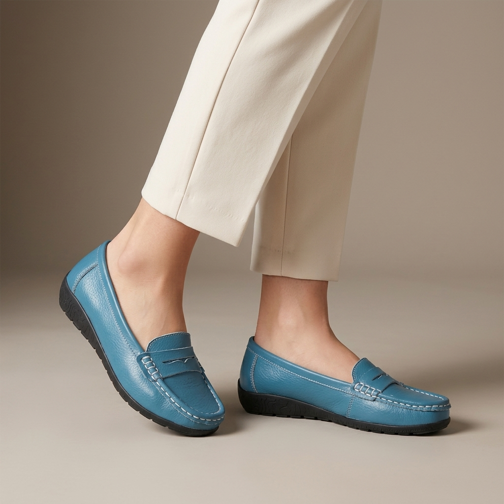 Women's Blue Leather Slip-On Moccasins