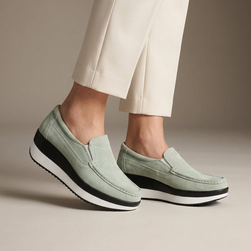 Women's Sage Green Suede Leather Wedge-Sole Loafers