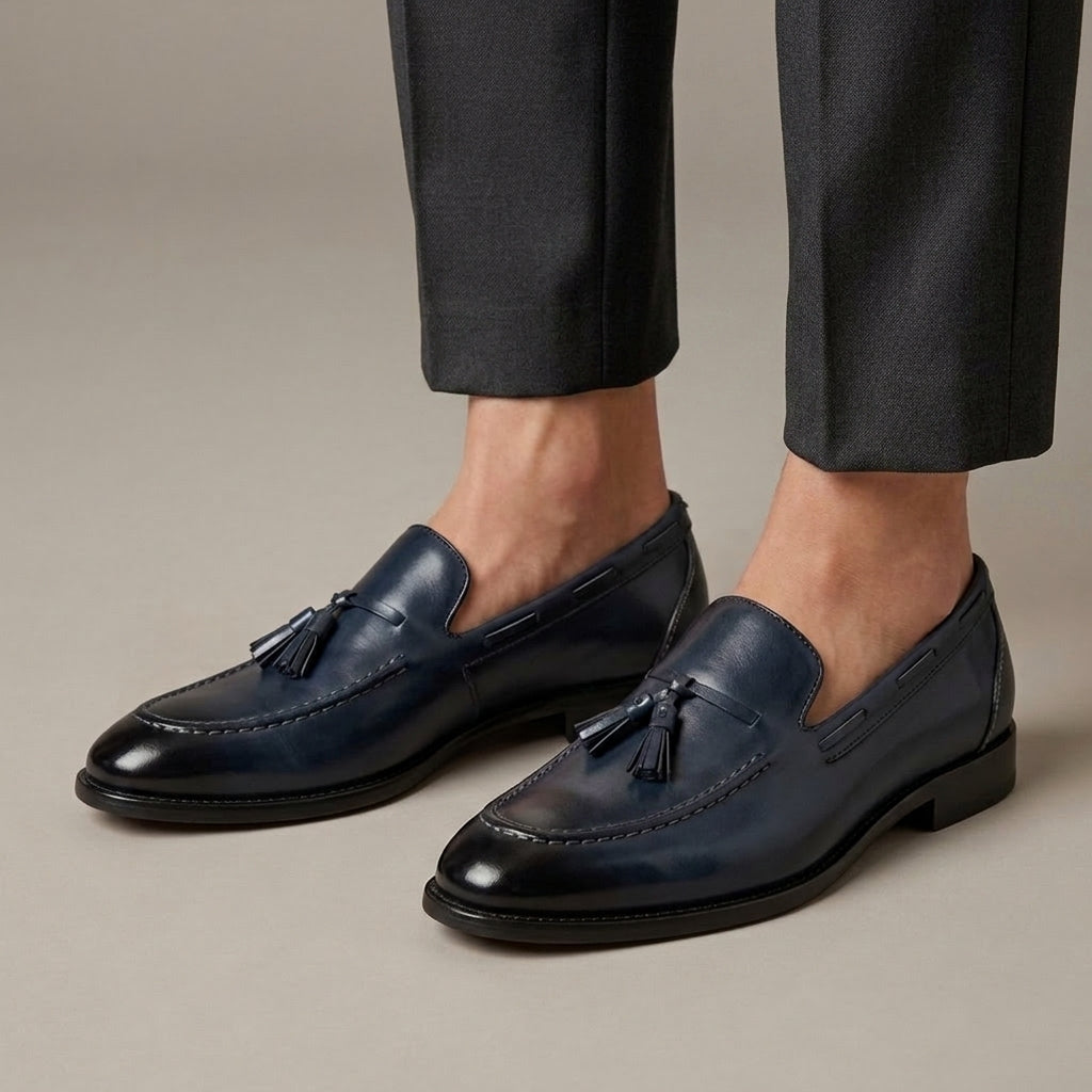 Men's Blue Smooth Leather Tassel Loafers