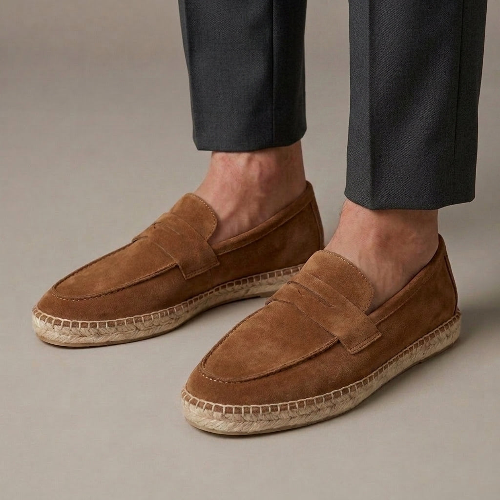 Men's Brown Suede Penny Loafers with Braided Jute Trim